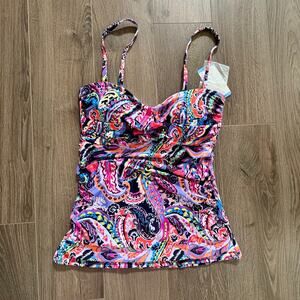 Anne Cole Swim Tankini Top Convertible Ruched Tropical Colorful Paisley Large